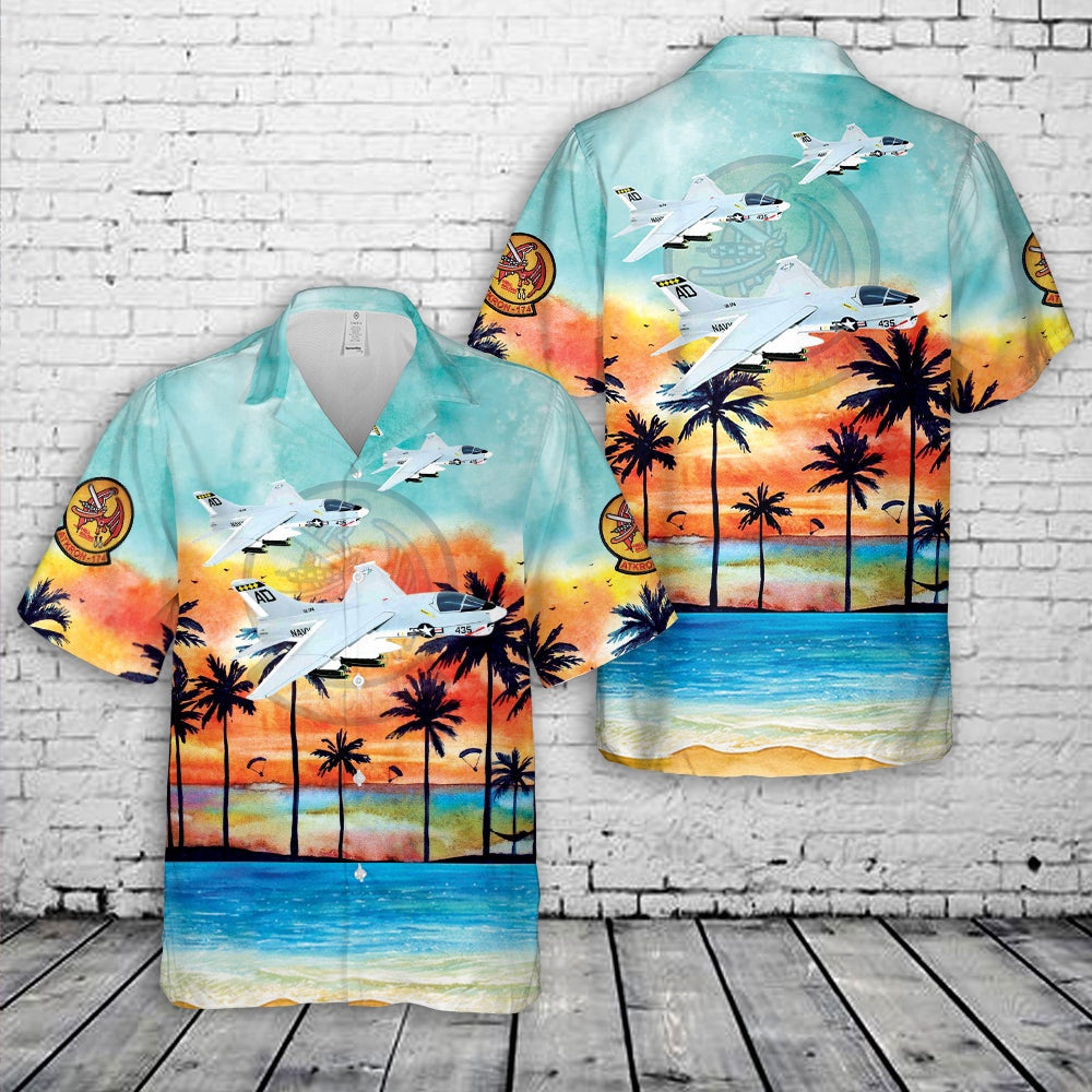 Navy Hawaiian Shirt, Us Navy Attack Squadron 174 (Va-174) Hellrazors (1976) A-7E Corsair Ii Hawaiian Shirt, Navy Shirts Mens