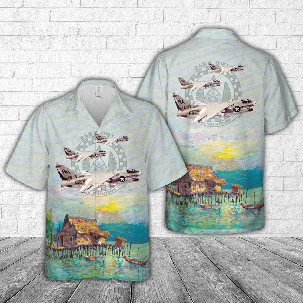 Navy Hawaiian Shirt, Us Navy Attack Squadron 215 Barn Owls A-7B Corsair Iis Hawaiian Shirt, Navy Shirts Mens