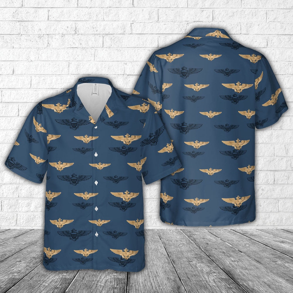 Navy Hawaiian Shirt, Us Navy Aviator Insignia Silhouette Hawaiian Shirt, Navy Shirts Mens