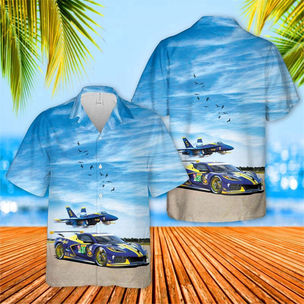 Navy Hawaiian Shirt, Us Navy Blue Angels Chevrolet Corvette C8R Gte Hawaiian Shirt, Navy Shirts Mens