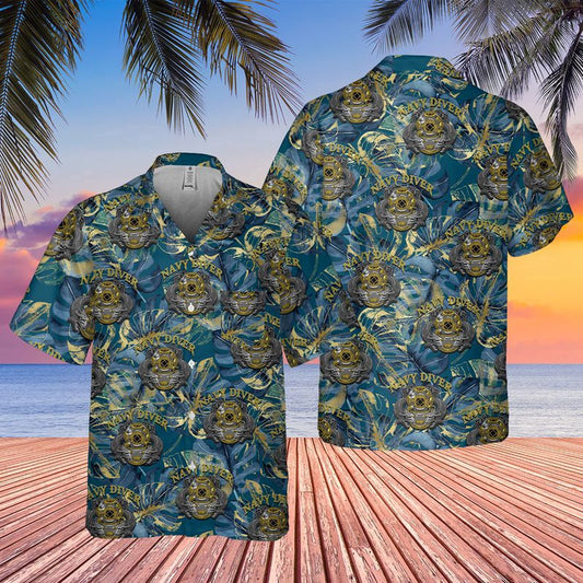Navy Hawaiian Shirt, Us Navy Diver Pocket Hawaiian Shirt, Navy Shirts Mens