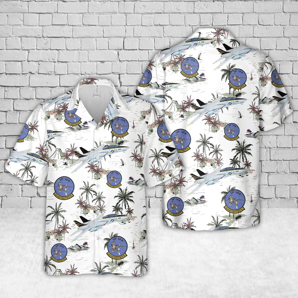 Navy Hawaiian Shirt, Us Navy F-14A Tomcat Aircraft Of Fighter Squadron 124 (Vf-124) Gunfighters Hawaiian Shirt, Navy Shirts Mens