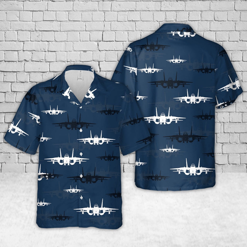 Navy Hawaiian Shirt, Us Navy F-14A Tomcat Silhouette Hawaiian Shirt, Navy Shirts Mens