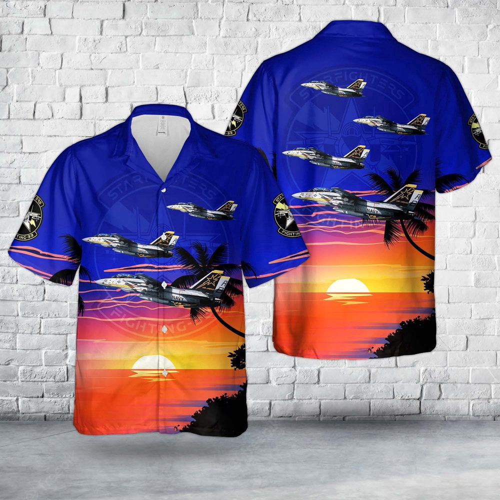 Navy Hawaiian Shirt, Us Navy Grumman F-14A-75-Gr Tomcat (Buno 159428) From Fighter Squadron 33 (Vf-33) Starfighters Hawaiian Shirt, Navy Shirts Mens