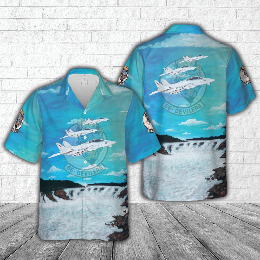 Navy Hawaiian Shirt, Us Navy Grumman F-14A Tomcat Of Vf-74 Be-Devilers Hawaiian Shirt, Navy Shirts Mens