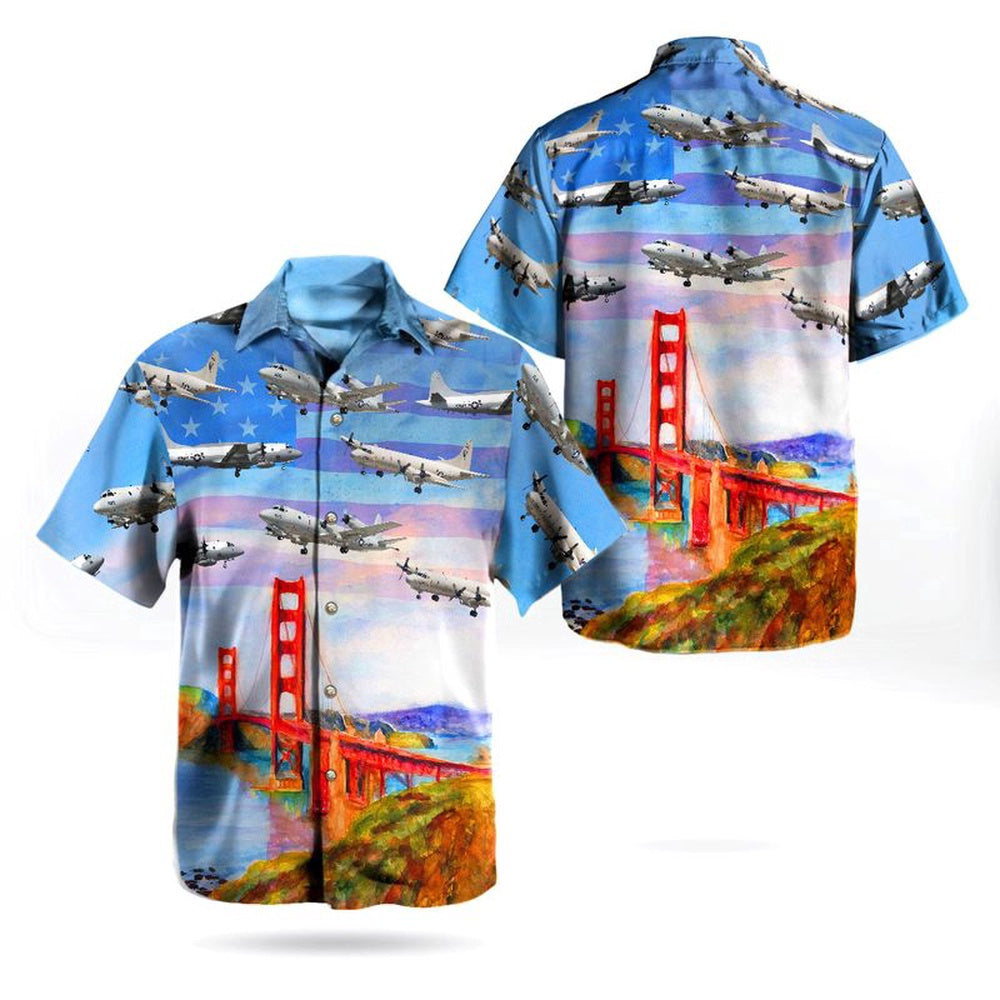 Navy Hawaiian Shirt, Us Navy Lockheed P-3 Orion Independence Day Golden Gate Bridge Hawaiian Shirt, Navy Shirts Mens