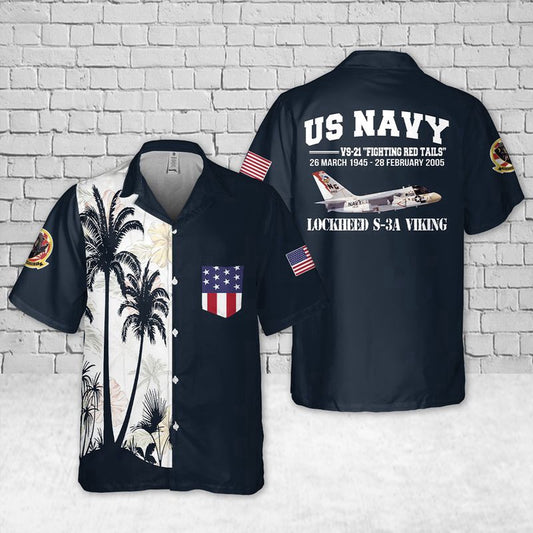 Navy Hawaiian Shirt, Us Navy Lockheed S-3A Viking Vs-21 Fighting Red Tails Pocket Hawaiian Shirt, Navy Shirts Mens