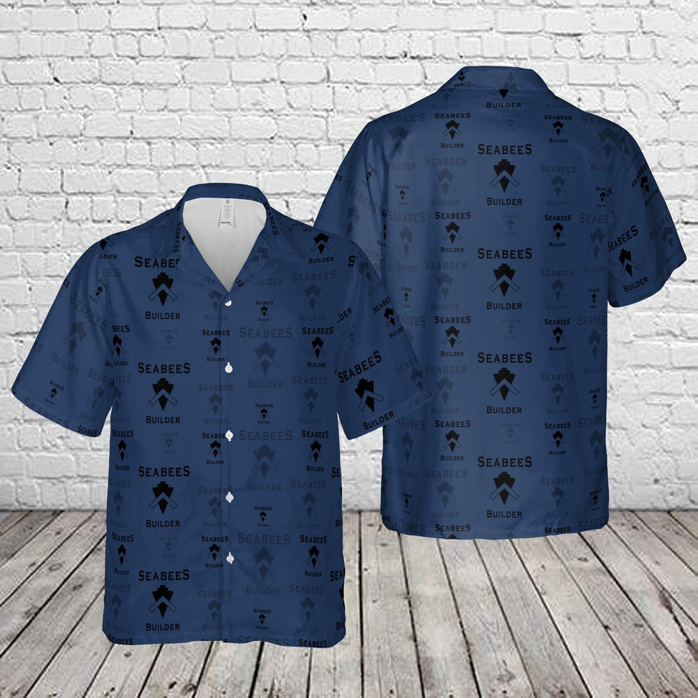 Navy Hawaiian Shirt, Us Navy Seabee Bu - Builder Silhouette Hawaiian Shirt, Navy Shirts Mens