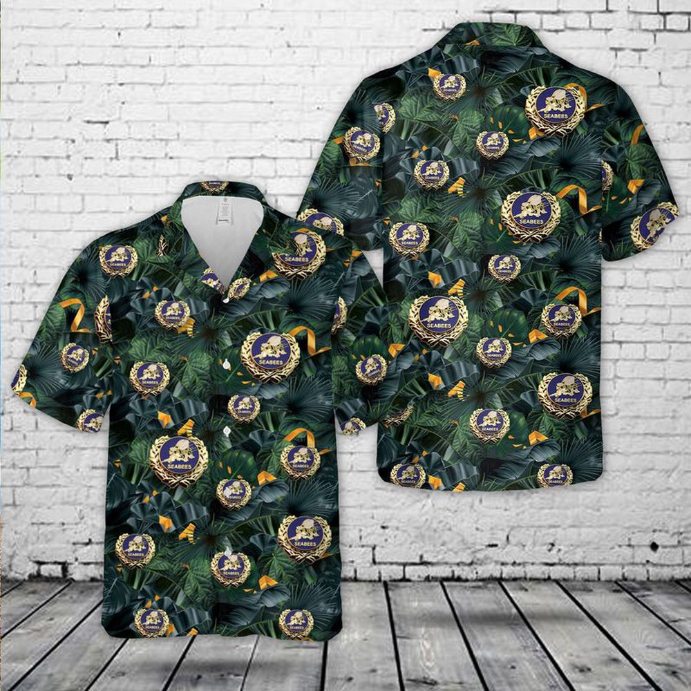 Navy Hawaiian Shirt, Us Navy Seabees With Wreath Hawaiian Shirt, Navy Shirts Mens