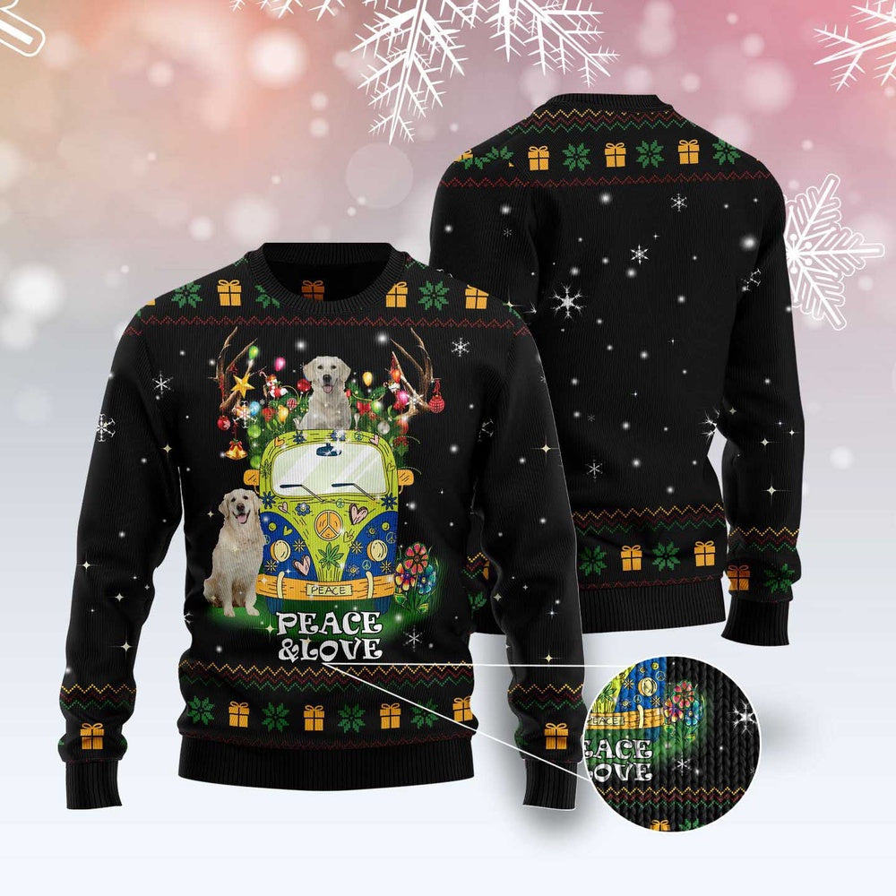 Peace Love Golden Retriever Ugly Christmas Sweater, Funny Xmas Sweater, Sweater Xmas