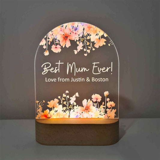 Personalised Floral LED Lamp For Mother's Day, Best Mum Ever 3D Led Light Wooden Base, Mother's Day Led Light
