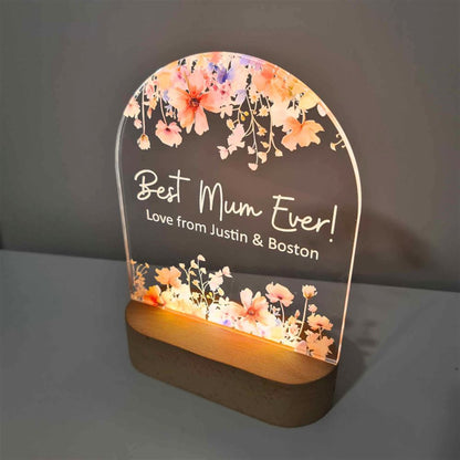 Personalised Floral LED Lamp For Mother's Day, Best Mum Ever 3D Led Light Wooden Base, Mother's Day Led Light