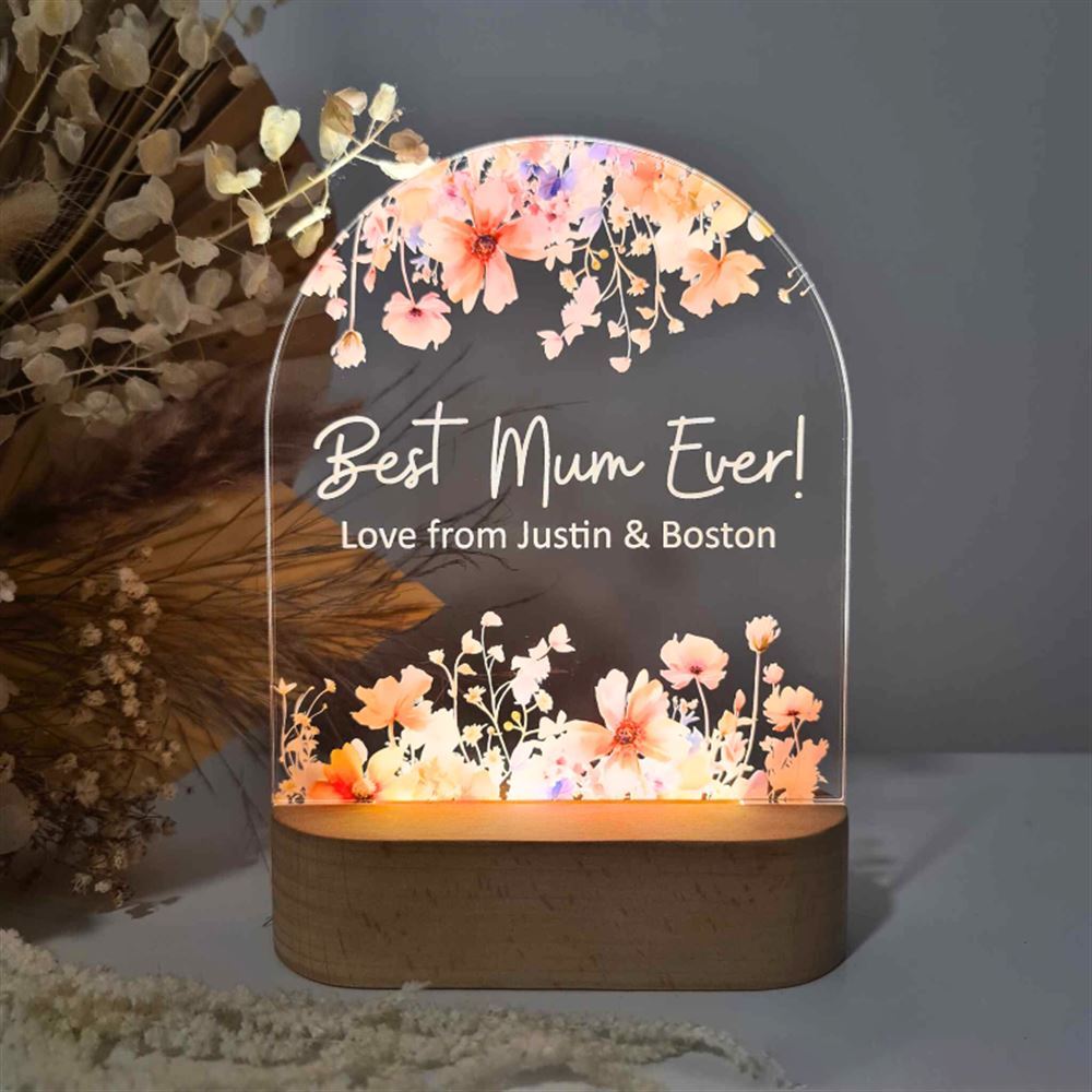 Personalised Floral LED Lamp For Mother's Day, Best Mum Ever 3D Led Light Wooden Base, Mother's Day Led Light