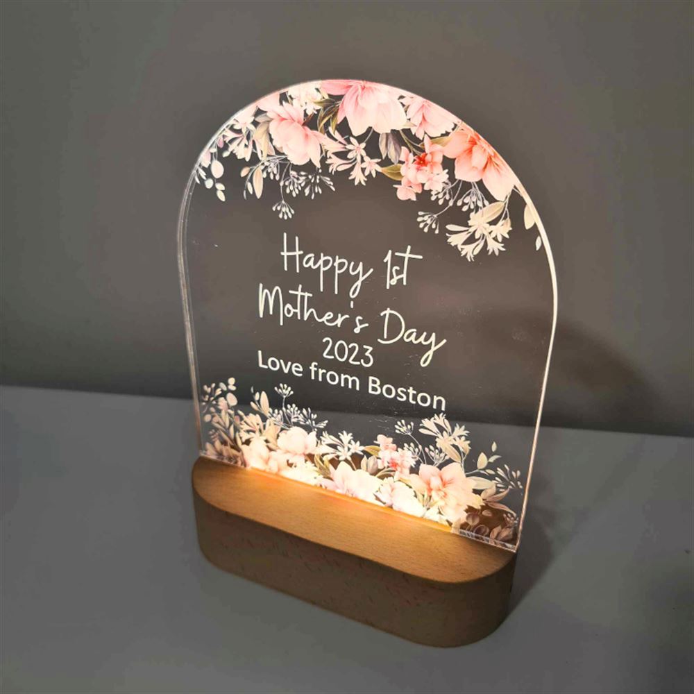 Personalised Floral LED Lamp For Mother's Day, Happy First Mother's Day 3D Led Light Wooden Base, Mother's Day Led Light