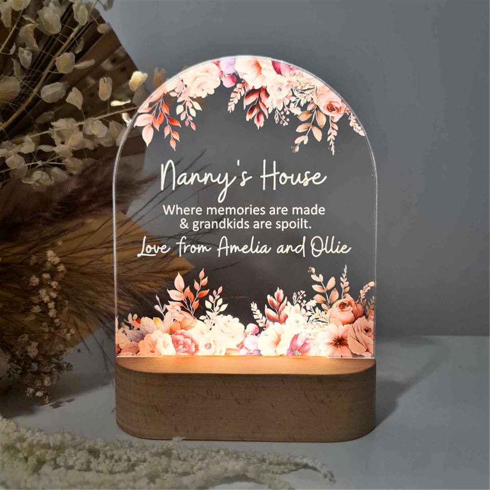 Personalised Floral LED Lamp For Mother's Day, Nanny's House 3D Led Light Wooden Base, Mother's Day Led Light