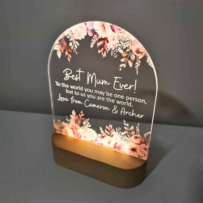 Personalised Floral LED Lamp For Mother's Day, You Are The World 3D Led Light Wooden Base, Mother's Day Led Light
