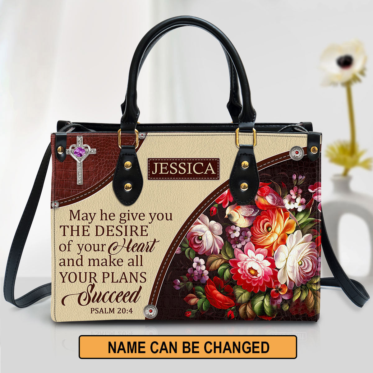 Personalized Flower May He Make All Your Plans Succeed Leather Bag, Christian Pu Leather Bags For Women