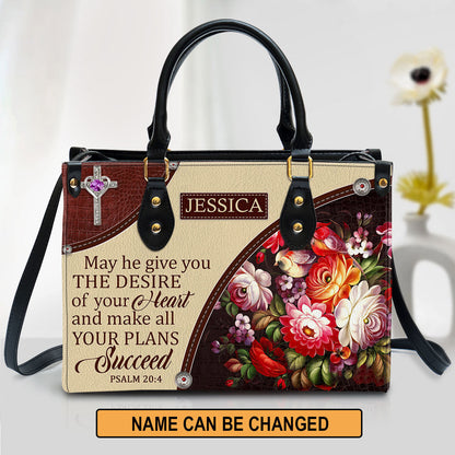 Personalized Flower May He Make All Your Plans Succeed Leather Bag, Christian Pu Leather Bags For Women