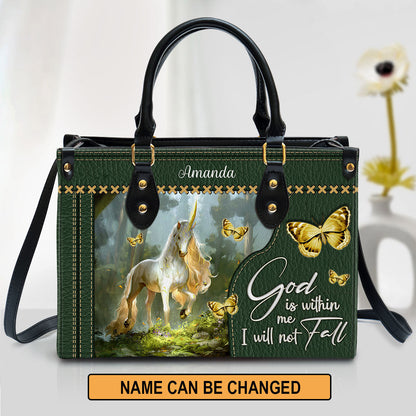 Personalized Unicorn God Is Within Me I Will Not Fall Leather Bag, Christian Pu Leather Bags For Women