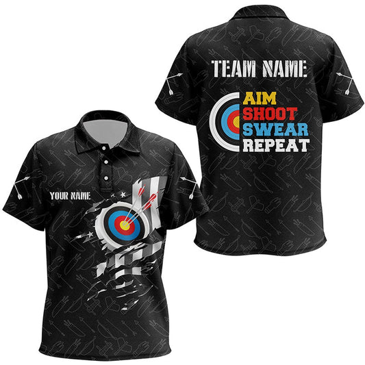 Personalized Aim Shoot Swear Repeat Archery Polo Shirts Custom US Flag Arrow Archery Shirts, Archery Team Shirts, Custom Archery Shirts