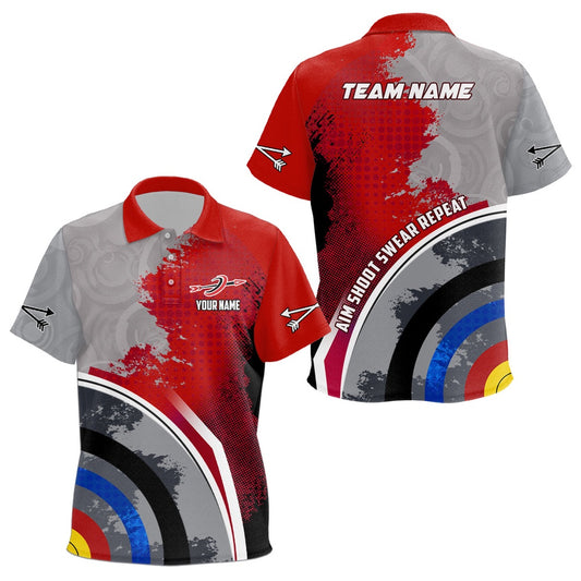 Personalized Aim Shoot Swear Repeat Archery Polo Shirts, Red Grey Target Archery Shirts, Archery Team Shirts, Custom Archery Shirts