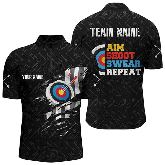 Personalized Aim Shoot Swear Repeat Archery Quarter-Zip Shirts For Men US Flag Arrow Archery Shirts, Archery Team Shirts, Custom Archery Shirts