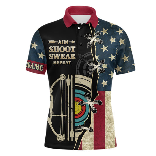 Personalized Aim Shoot Swear Repeat US Flag Archery Polo Shirts For Men Retro Target Archery Shirts, Archery Team Shirts, Custom Archery Shirts