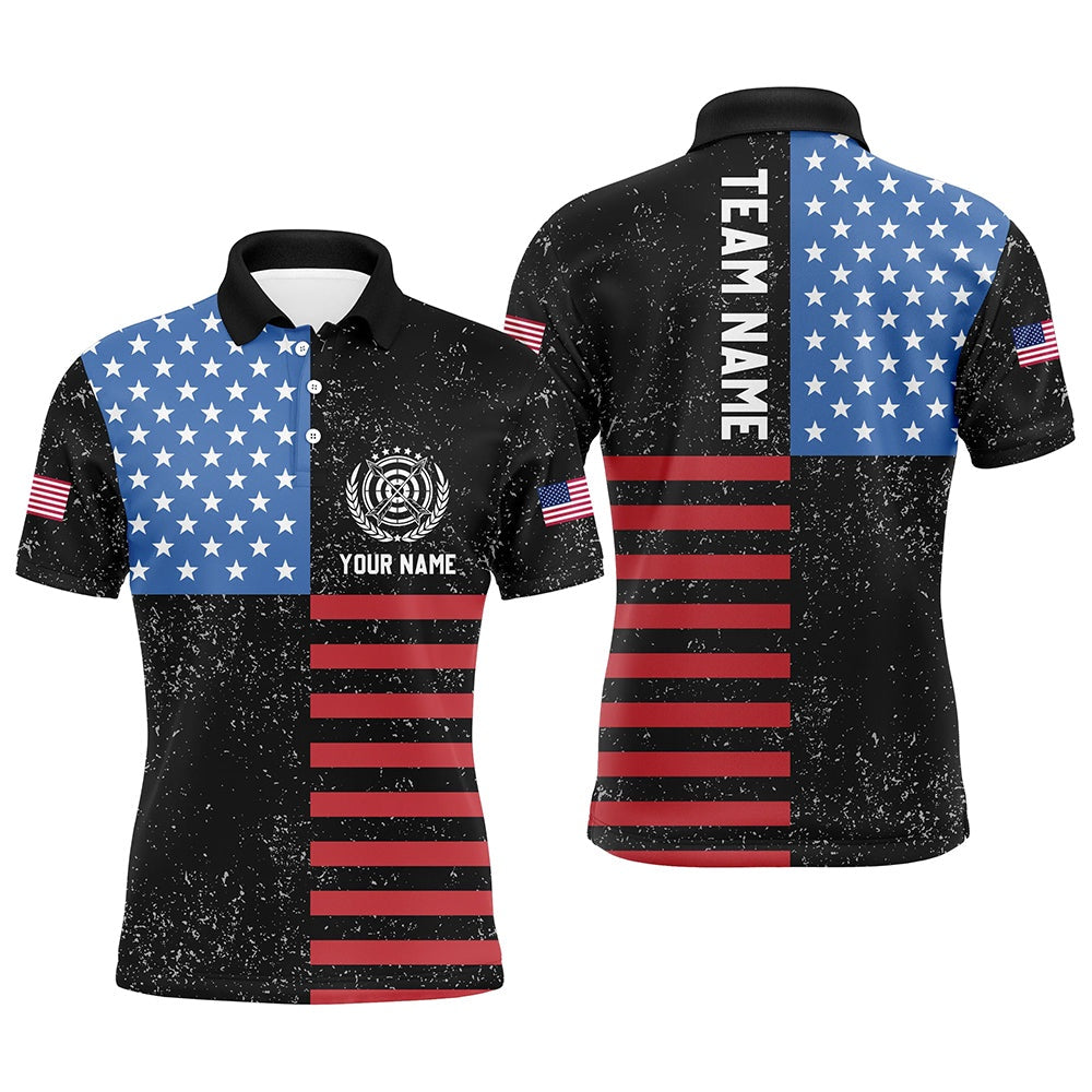 Personalized American Flag Archery Polo Shirts For Men Custom Patriotic US Archery Shirts For Team, Archery Team Shirts, Custom Archery Shirts