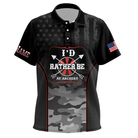 Personalized American Flag Camouflage Archery Polo Shirts, Custom Name Archery Jerseys, Archery Team Shirts, Custom Archery Shirts