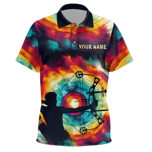 Personalized Archery Colorful Tie Dye Polo Shirts, Custom Silhouette Men Archery Jerseys, Archery Team Shirts, Custom Archery Shirts