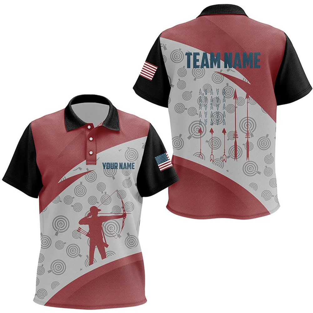 Personalized Archery Jerseys Red Silhouette Polo Shirts, Gifts For Archery Team Lover, Archery Team Shirts, Custom Archery Shirts