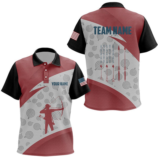 Personalized Archery Jerseys Red Silhouette Polo Shirts, Gifts For Archery Team Lover, Archery Team Shirts, Custom Archery Shirts