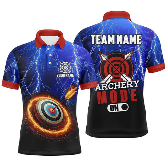 Personalized Archery Mode On Thunder Lightning Blue Men Polo Shirts, Target Archery Jerseys, Archery Team Shirts, Custom Archery Shirts