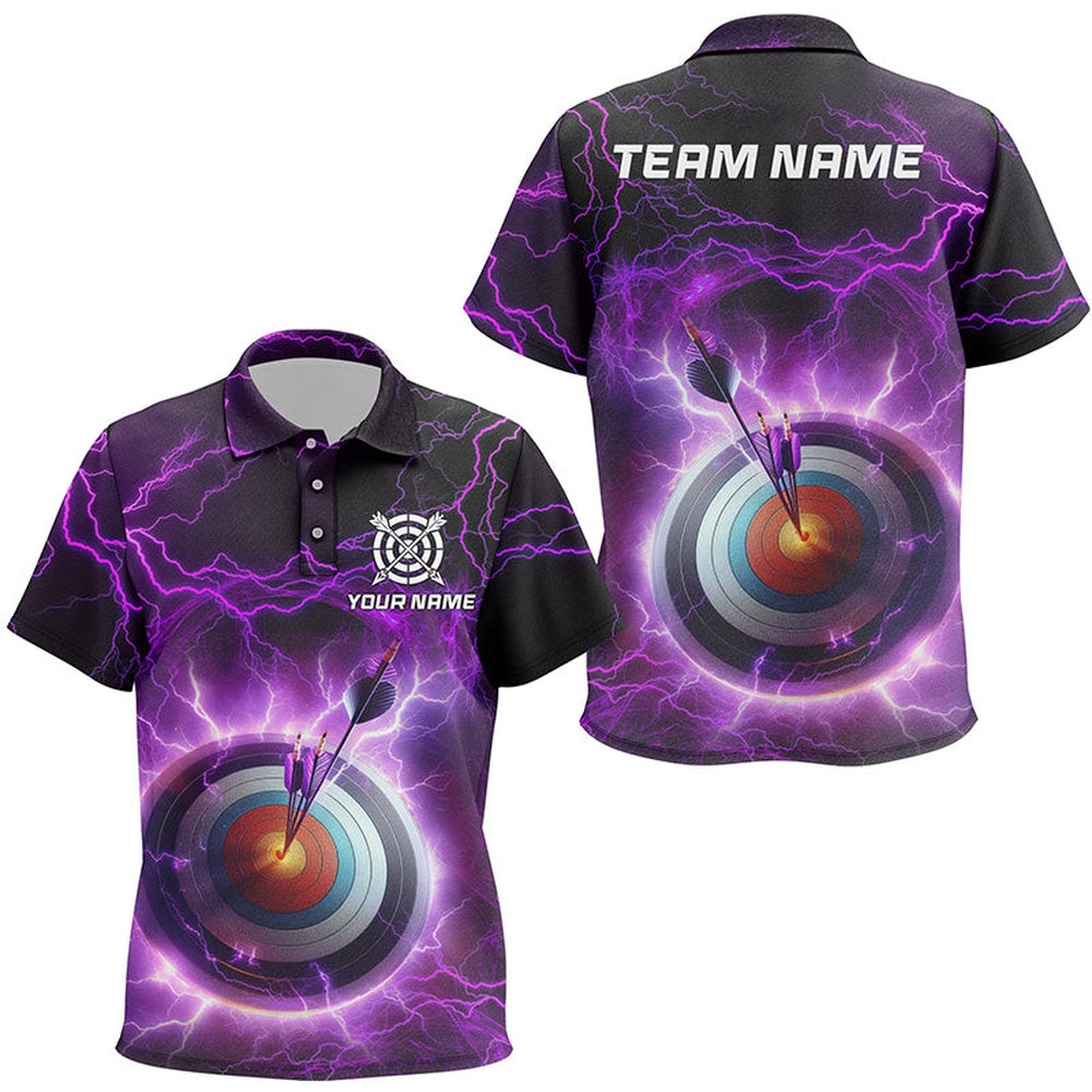 Personalized Archery Target Custom Purple Thunder Lightning Polo Shirts, Archery Jerseys, Archery Team Shirts, Custom Archery Shirts