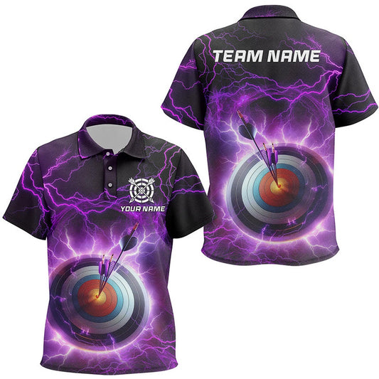 Personalized Archery Target Custom Purple Thunder Lightning Polo Shirts, Archery Jerseys, Archery Team Shirts, Custom Archery Shirts