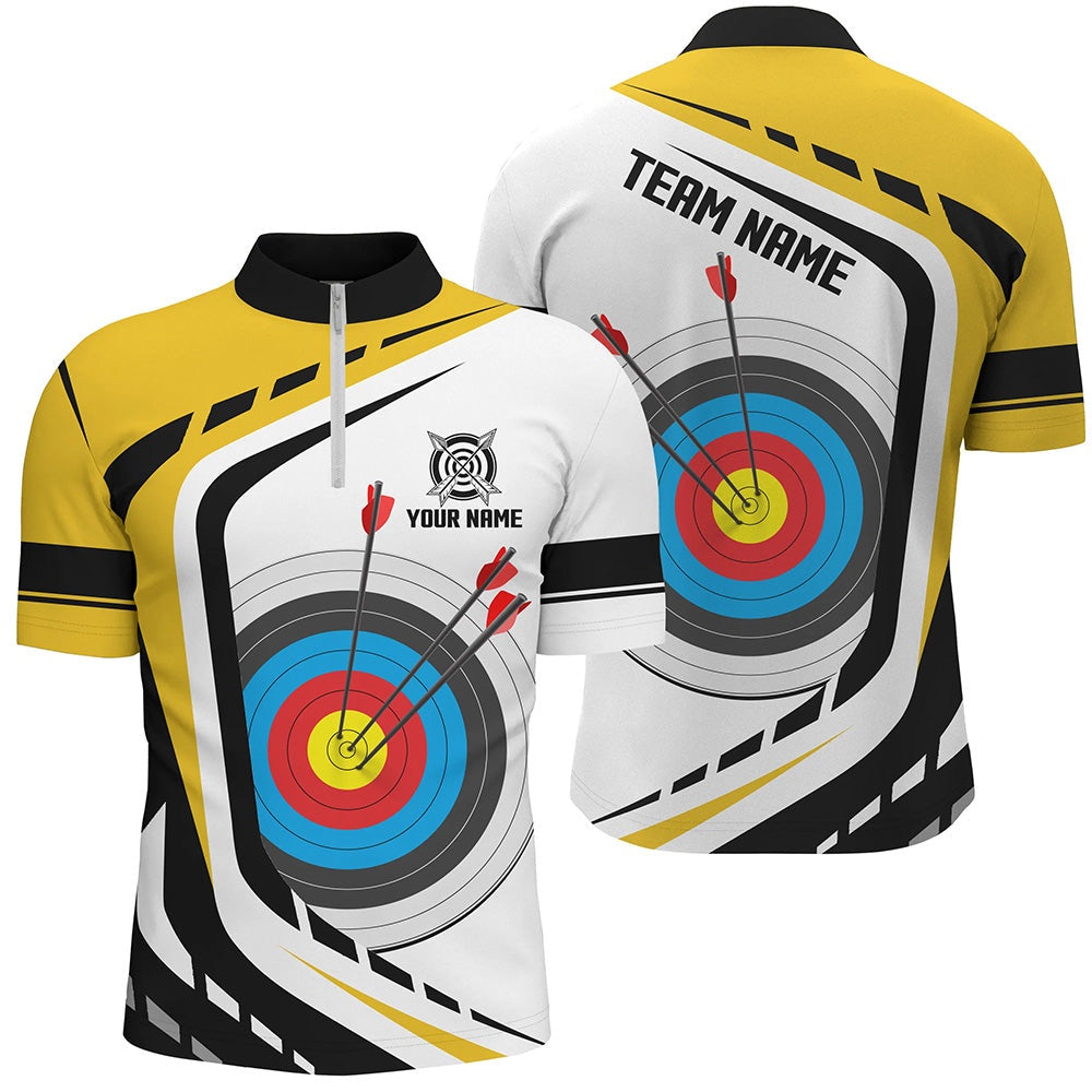 Personalized Archery Target Men Polo & Quarter-Zip Shirts Custom Yellow White Archery Jerseys, Archery Team Shirts, Custom Archery Shirts