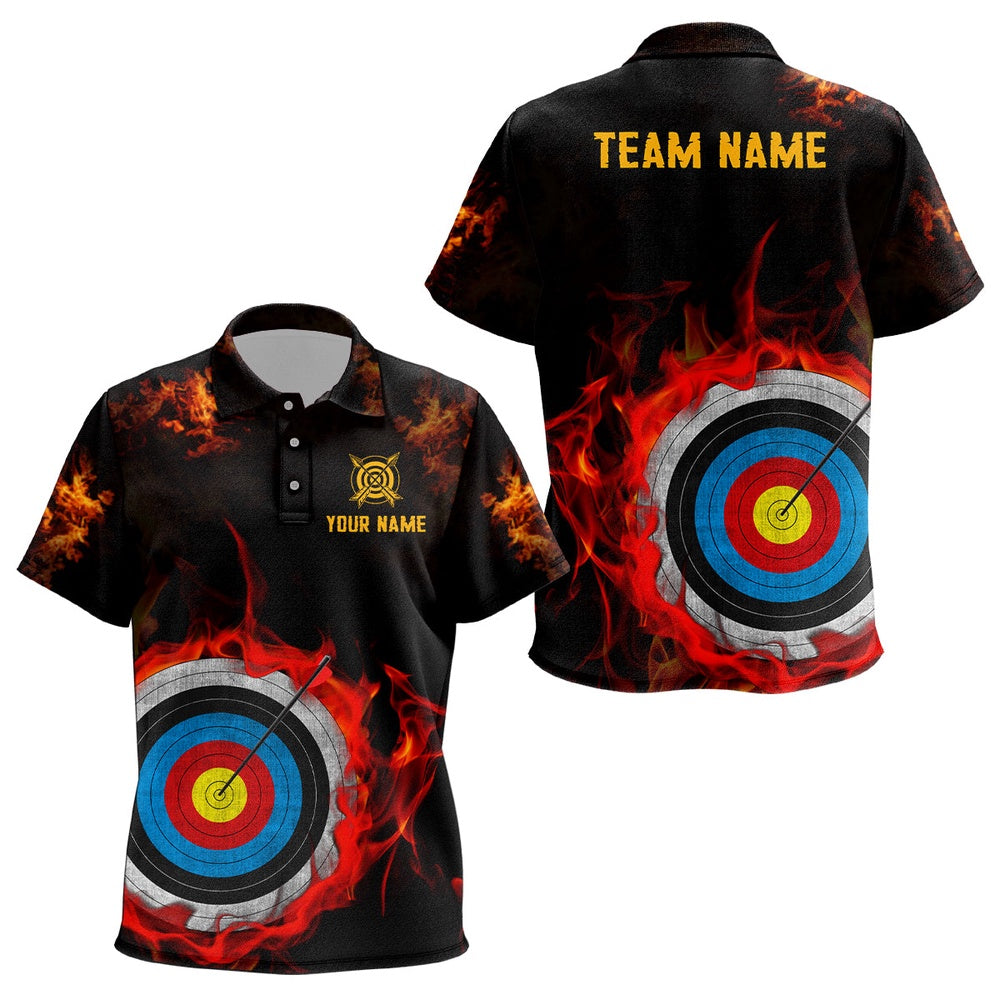 Personalized Archery Target On Fire Polo Shirts Custom Name Archery Shirts For Archer, Archery Team Shirts, Custom Archery Shirts