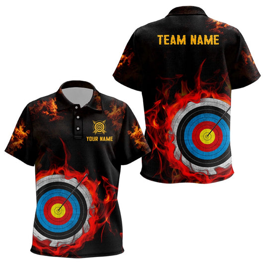 Personalized Archery Target On Fire Polo Shirts Custom Name Archery Shirts For Archer, Archery Team Shirts, Custom Archery Shirts