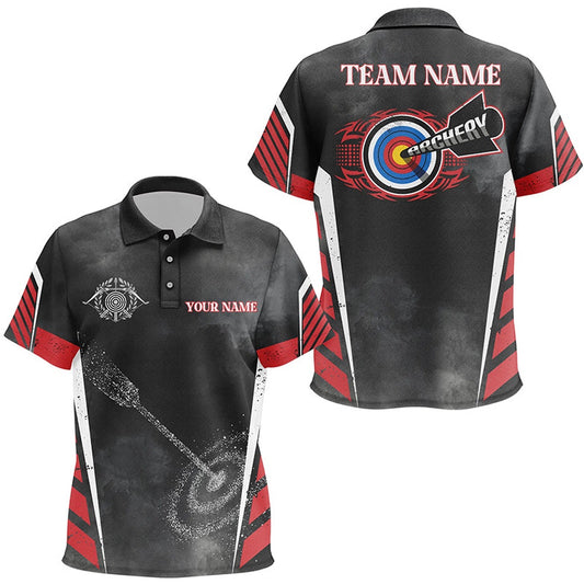 Personalized Archery Target Red Black Grunge Archery Polo Shirts, Custom Archery Jerseys, Archery Team Shirts, Custom Archery Shirts