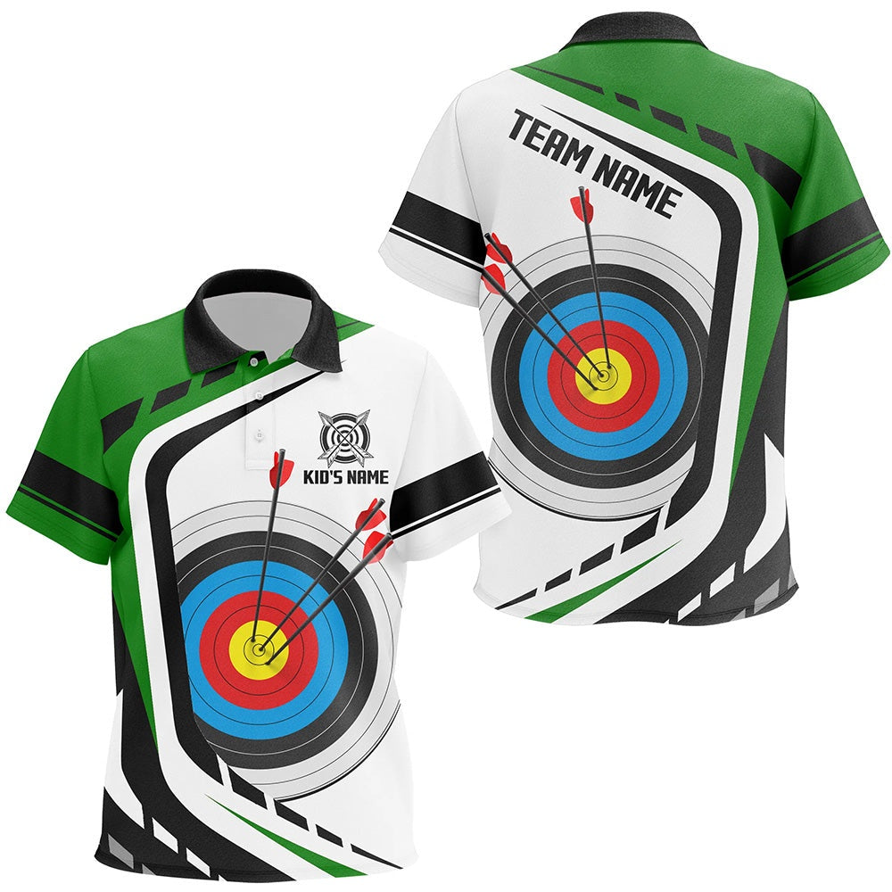 Personalized Archery Target White Green Jersey Polo Shirts Custom Archery Outfit For Archer, Archery Team Shirts, Custom Archery Shirts