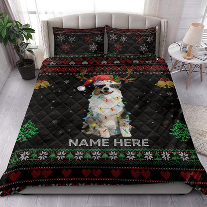 Personalized Australian Shepherd Quilt Set, A Ustralian Shepherdmas Hat Quilt Blanket