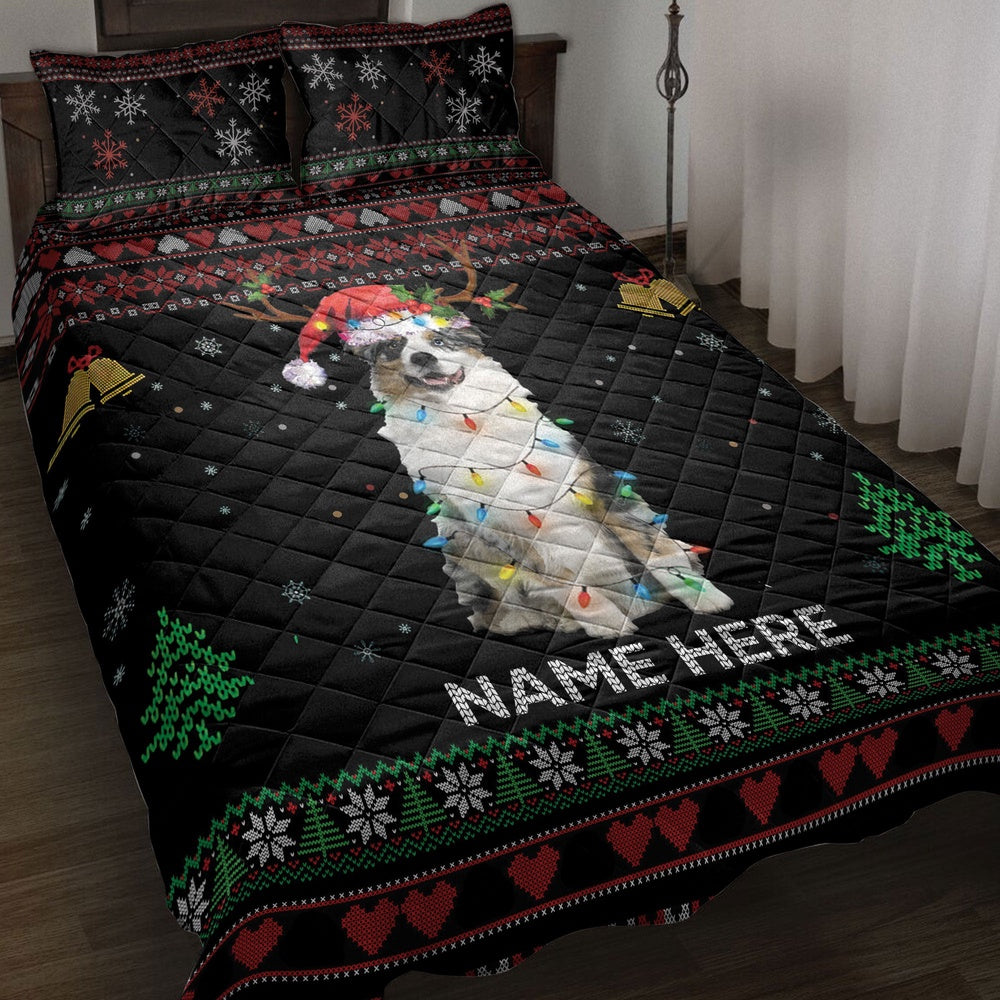 Personalized Australian Shepherd Quilt Set, A Ustralian Shepherdmas Hat Quilt Blanket