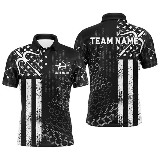 Personalized BW American Flag Archery Polo Shirts For Men, Custom Bows And Arrows Archery Shirts, Archery Team Shirts, Custom Archery Shirts