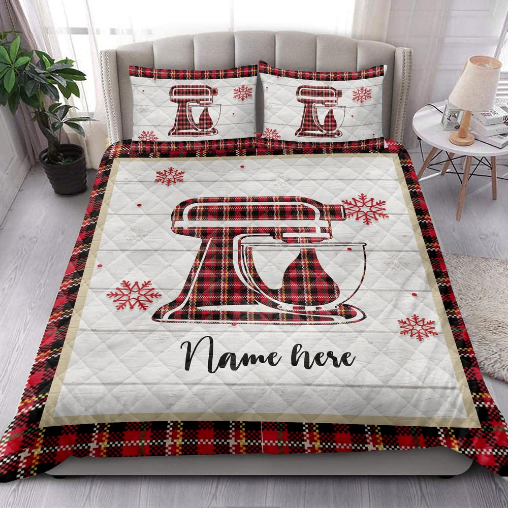 Personalized Baking Quilt Set, Christmas Baking Mixer Snowflake Red Plaid Quilt Blanket