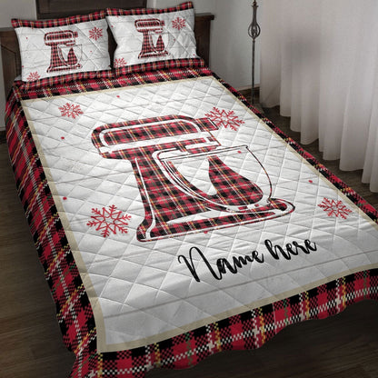 Personalized Baking Quilt Set, Christmas Baking Mixer Snowflake Red Plaid Quilt Blanket