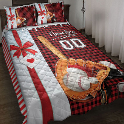 Personalized Baseball Quilt Set, Baseball Santa Hat Withmas Quilt Blanket, And Number Bedding
