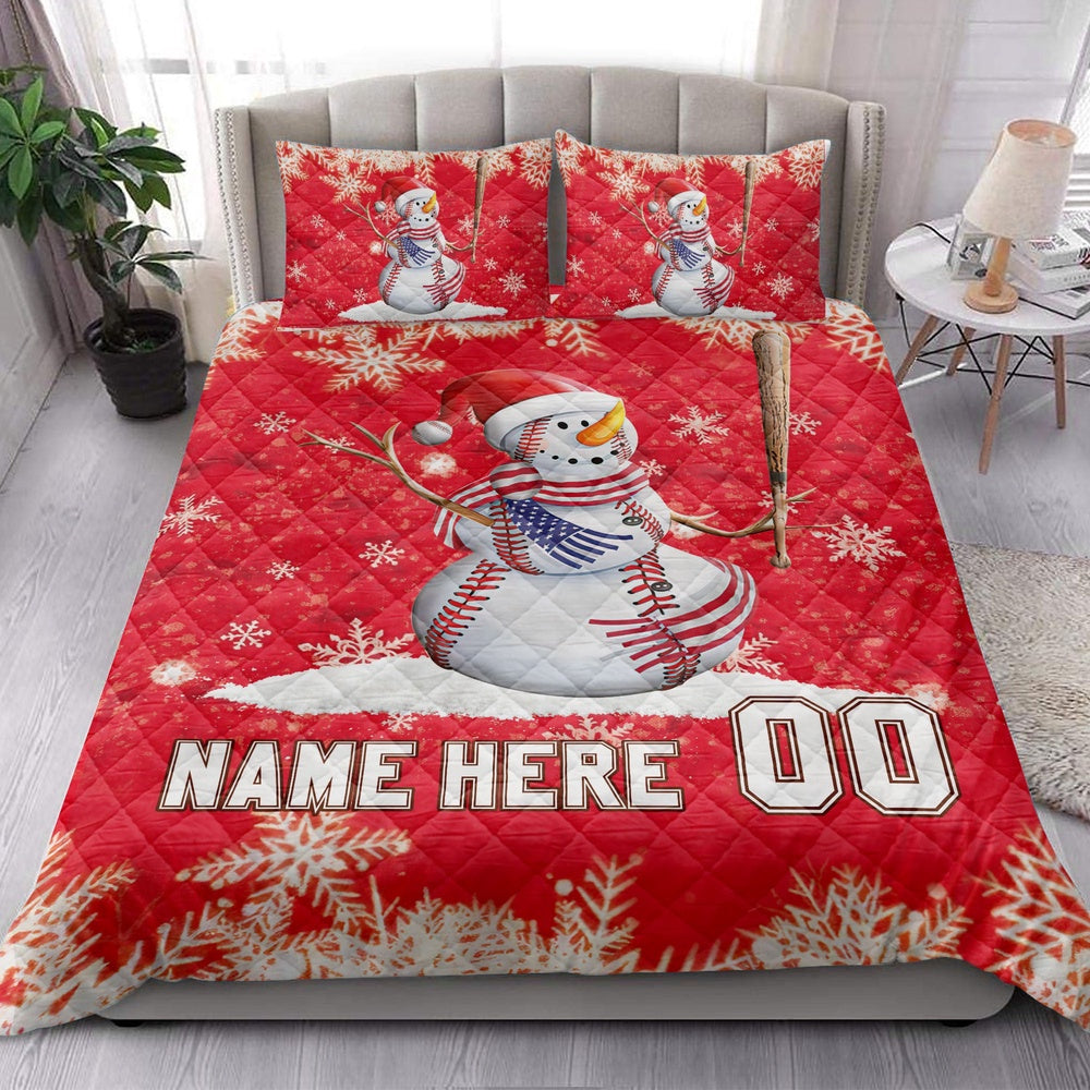 Personalized Baseball Quilt Set, Baseball Snowmanmas Quilt Blanket, And Number Bedding