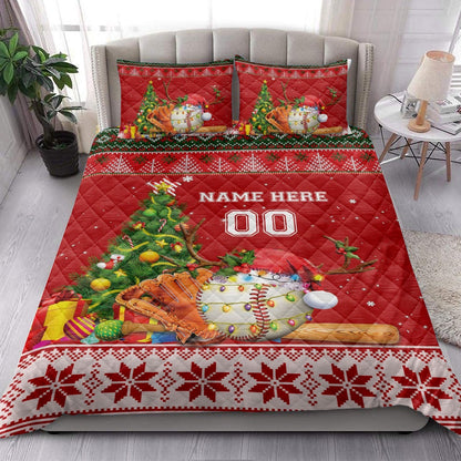 Personalized Baseball Quilt Set, Baseballmas Tree String Light Quilt Blanket, And Number Bedding