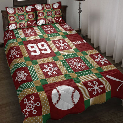 Personalized Baseball Quilt Set, Christmas Patchwork Baseball Xmas Quilt Blanket