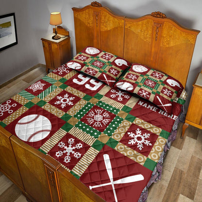 Personalized Baseball Quilt Set, Christmas Patchwork Baseball Xmas Quilt Blanket